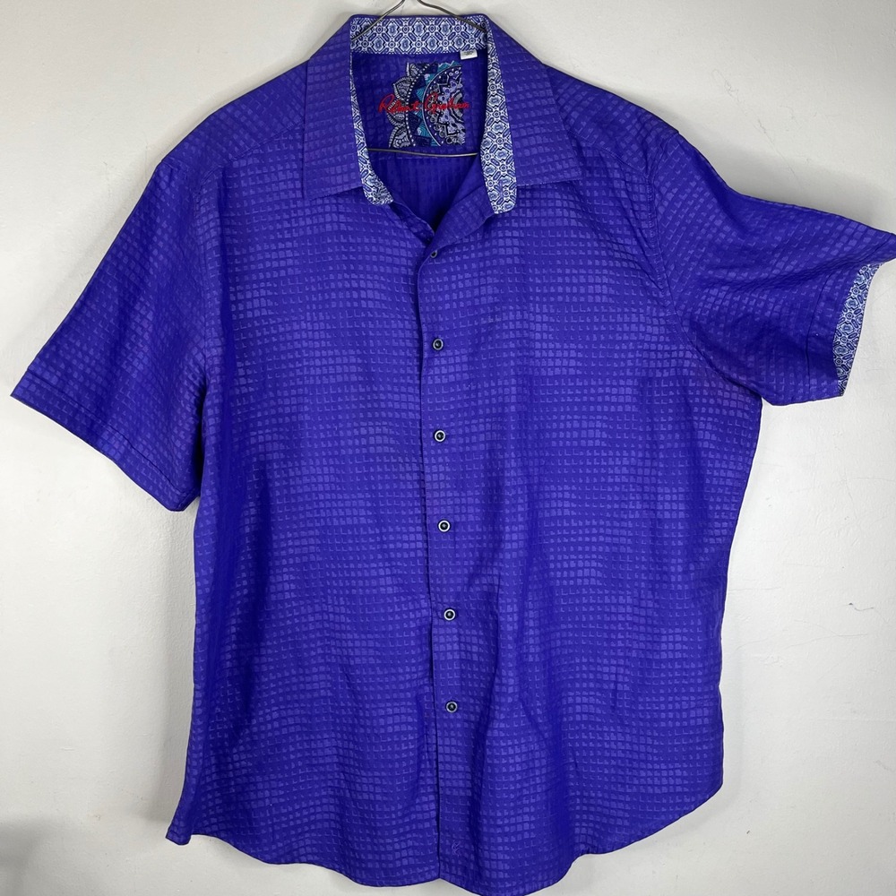 Robert Graham Mens Purple Geometric Jacquard Short Sleeve Button Down Shirt XL